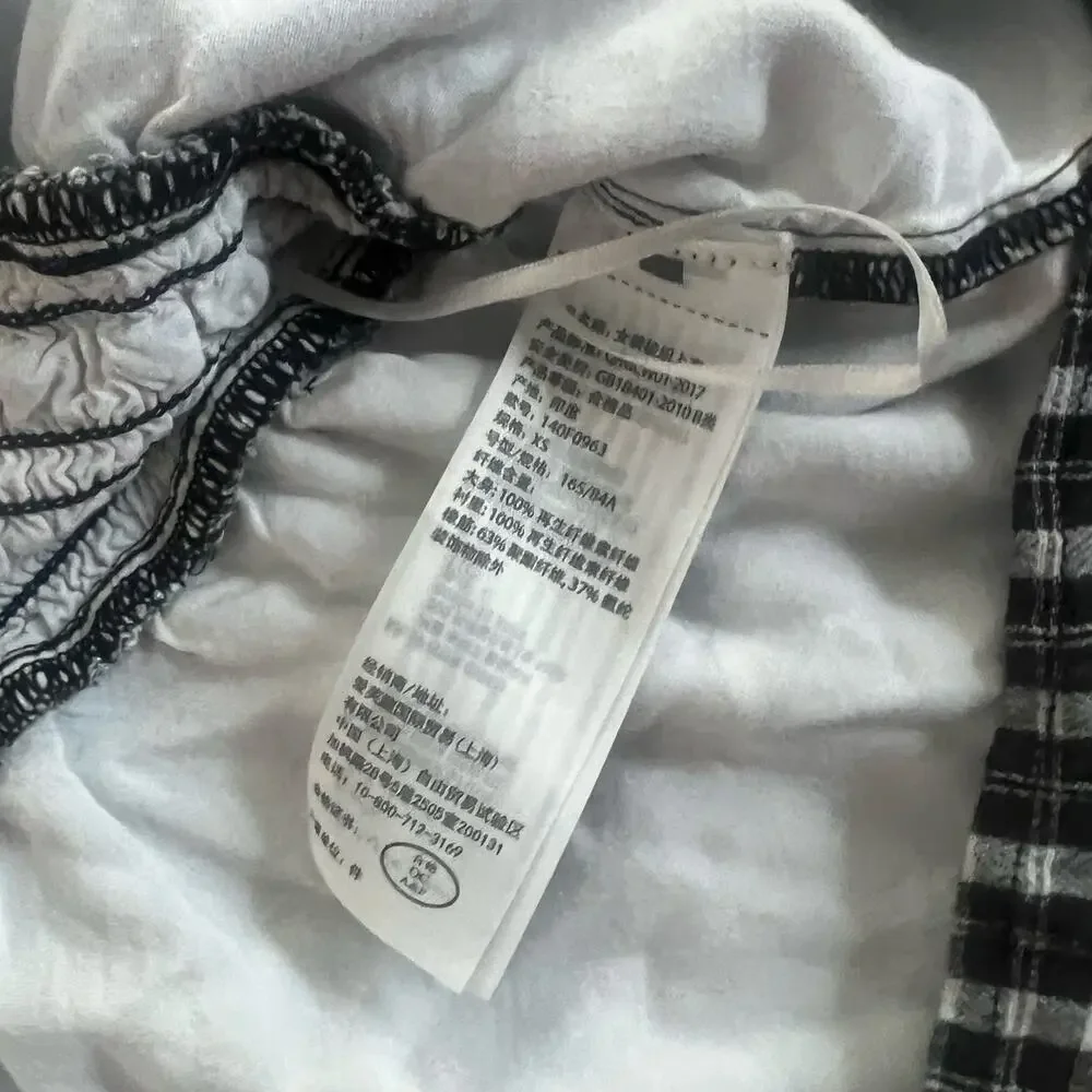 Abercrombie & Fitch Y2K Smocked B&W Gingham Square Neck Peplum Top Puff Sleeves